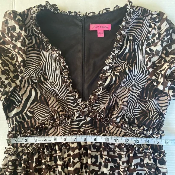 Betsey Johnson Flowy Animial Print Ruffle Babydoll Dress Size 8 - Picture 6 of 13